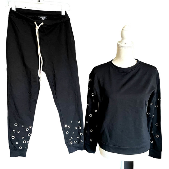 Lea & Viola Womens Eyelet Sweater & Pant 2 PC Set Long Sleeve Size S Black - Picture 1 of 11